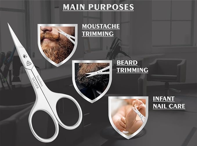 SILLVER Nail Scissors Curved Professional for Women and Men, Facial Hair Small Grooming Scissors for Nail, Eyebrows, Nose Hair, Mustache, Beard, Eyelashes, Dry Skin - Manicure Scissors