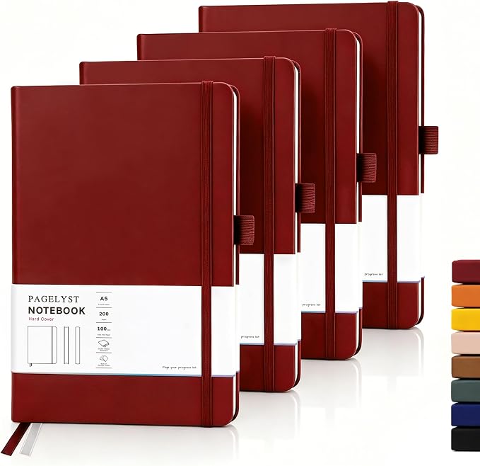 PAGELYST Blank Journal Notebook, 200 Pages,4 Pack Leather Hardcover Notebook, A5 Medium 5.7'' x 8.3'', 100 GSM Thick Paper for Sketching, Drawing, Painting (Red)