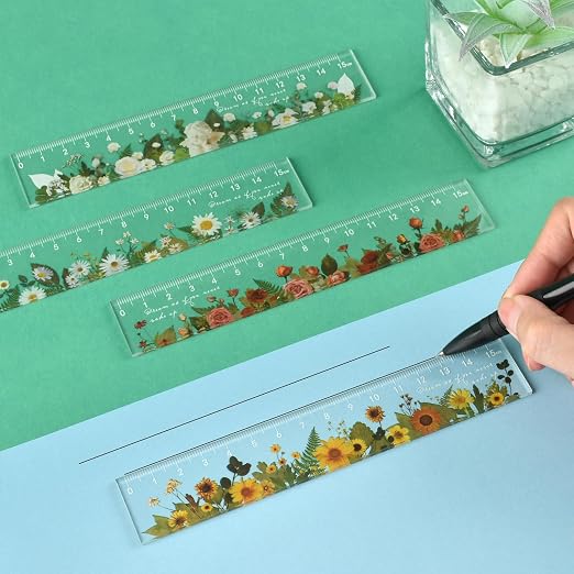 BAYTORY 4 Pack Clear Plastic Rulers 6 Inch, Aesthetic Acrylic Small Ruler | Measuring Drafting Metric Bulk Mini Ruler with Centimeters for School Home Office (Clear Flower 6 Inch)