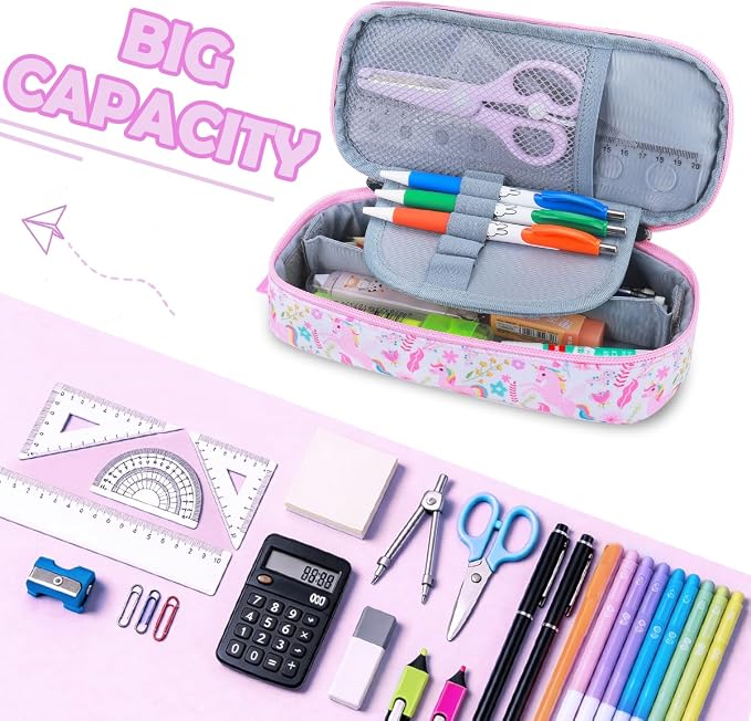 RHCPFOVR Kids Pencil Case for Girls-Soft Zipper Large Capacity Pencil Pouch for Girls Pencil Case for School Pencil Bag for Toddler (Pink Unicorn Garden)