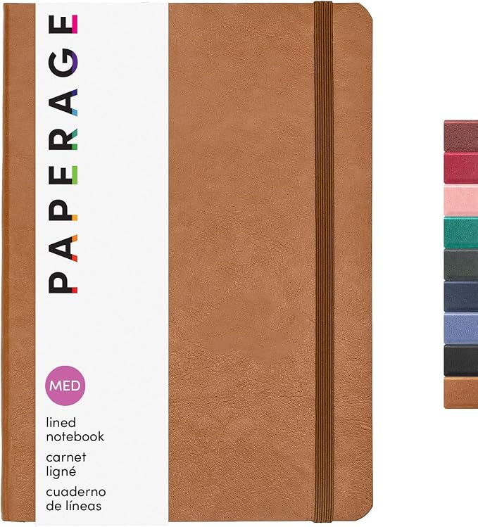 PAPERAGE Softcover Lined Journal Notebook (Cognac), 160 Pages, Medium College Ruled Notebook, 5.6 inches x 7.9 inches - 100 GSM Thick Premium Paper, Soft Vegan Leather Journal for Home, Work & School