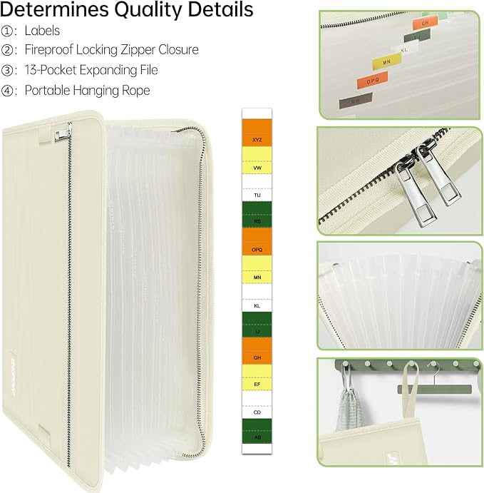 ENGPOW Expanding File Folder,Fireproof 13 Pockets Document Organizer Bag | Accordion File Organizer with Zipper＆Labels,Portable Home Travel Safe Storage for Important Files,Papers,Letter Size,Beige