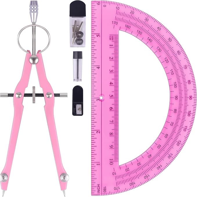 Unjoo Compass and Protractor Set, Math Compass for Geometry (Pink) | Professional Drawing Compass Tool, Metal Compass with Extra Refills, 6 Inch Math Protractors 180 Degree, For School, Office