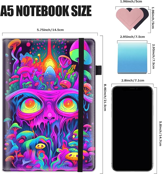 Hardcover Executive Notebooks, A5 PU Leather Lined Journal Notebook, 200 Pages Thick Paper Subject Notebooks for School,Work,Home Writing Business Notebook, Diary Book ， Fantasy Mushrooms