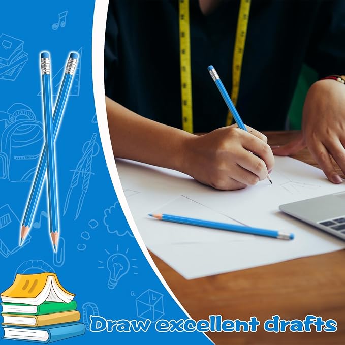 24PCS Erasable Colored Pencils with Eraser Pre Sharpened Pencil 2 HB - Ideal for Checking, Grading, Tests & Office/School Supplies (lightblue)