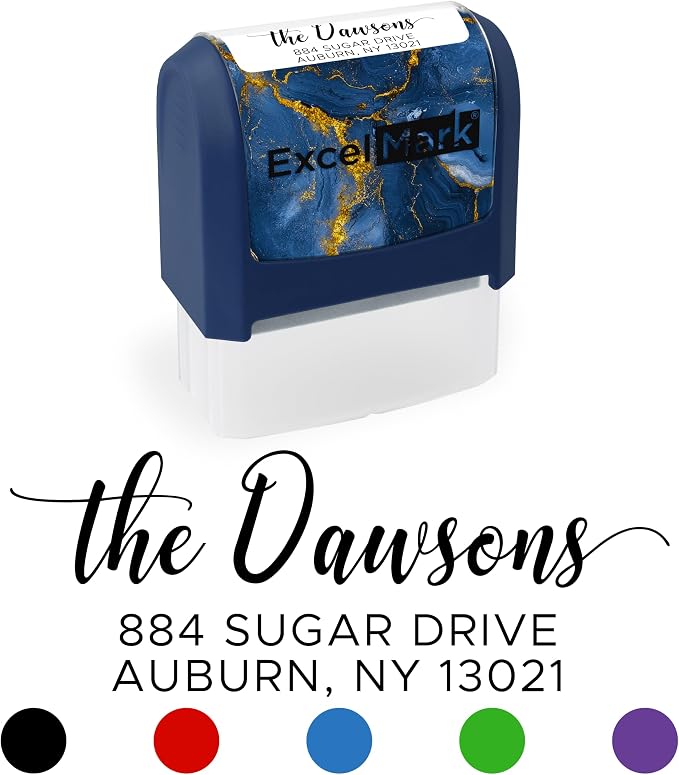 ExcelMark Custom Return Address Stamp (Navy, Signature Script) | Custom Return Address Stamp with Elegant Designs, Vibrant Colors & Patterns – Perfect for Mail, Invitations & Gifts