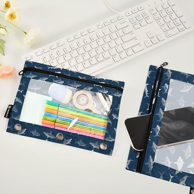 ALAZA Pencil Pouch for 3 Ring Binder, Blue Ocean Sea Shark Fish Binder Pencil Pouches with Clear Window Zipper Pencil Case Cosmetic Bags for Office College Supplies, 2PCS