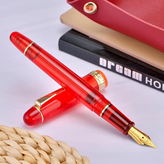Asvine V126 Vacuum Filling Fountain Pen, Transparent Red Acrylic Stub Nib 1.1mm Calligraphy Art Drawing with Case Set