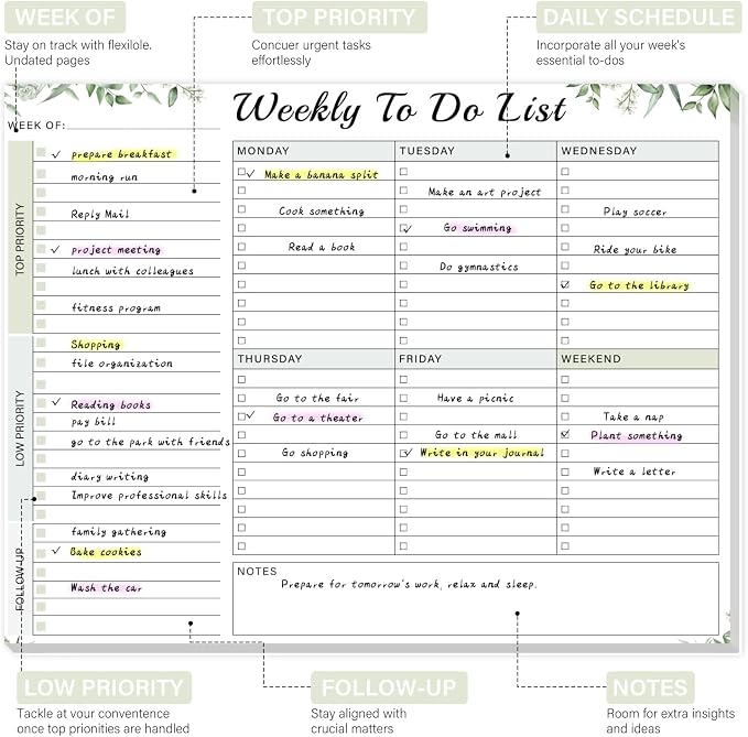 Weekly To Do List Notepad - 52 Undated Glue Bound Tear-Off Sheets (8.5"x11") for Desk Planning | Home, Work & School Organization Pad for Women & Men (Green)