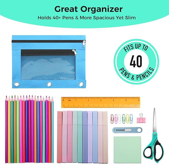 Pencil Pouch for 3 Ring Binder, Pencil Case with Zipper, 600D Fabric Pencil Pouch Bag Holder Accessories, Clear Window Pencil Case Aesthetic Back to School Organizer Pockets for Boy Girl (Sky Blue)