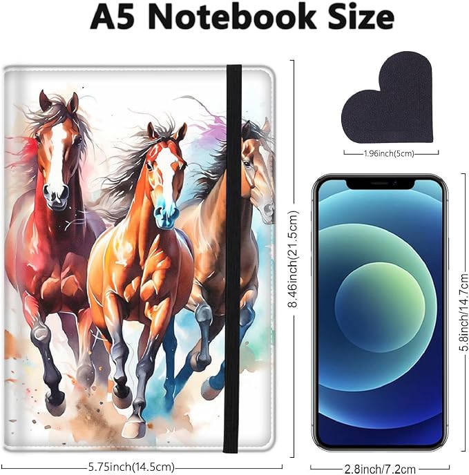 A5 Leather Lined Journal Notebook, 200 Pages Hardcover Executive Notebook for Men Women Office School Note Taking, Thick Writing Paper Daily Journal with Bookmarks/Indexes, Watercolor Horse