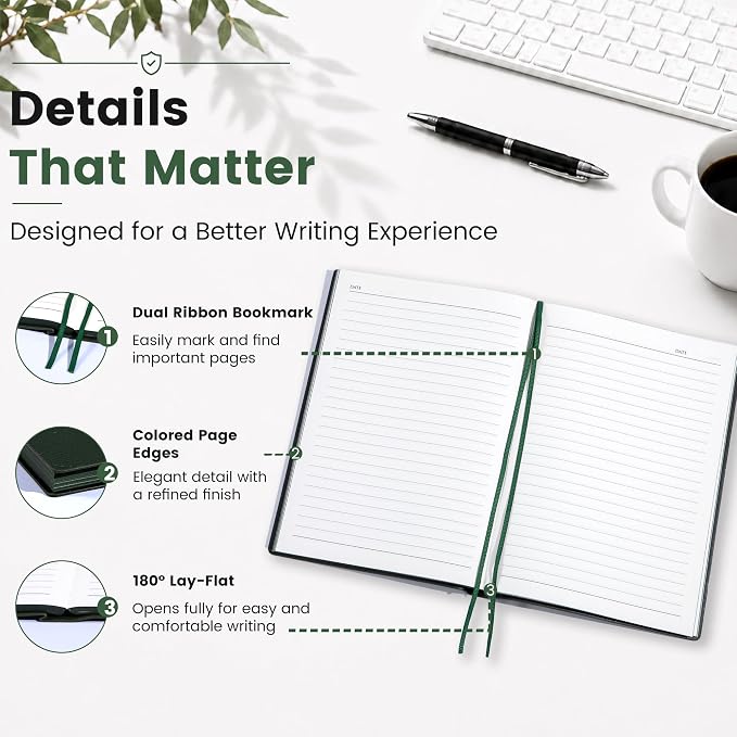 CAGIE Lined Journal Notebook for Men & Women,176 Pages A5 Medium Size, Softcover Leather Journals for Writing, College Ruled Notebook for Work & School, 100 GSM Thick Paper (5.7'' x 8.3'') (Green)