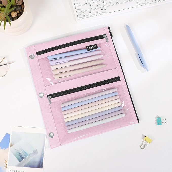 SKYDUE Pencil Pouch for 3 Ring Binder, 3 Compartment Zipper Pencil Case, Large Capacity Pen Organizer with Clear PVC Window for School Supplies, Students, Kids & Teachers