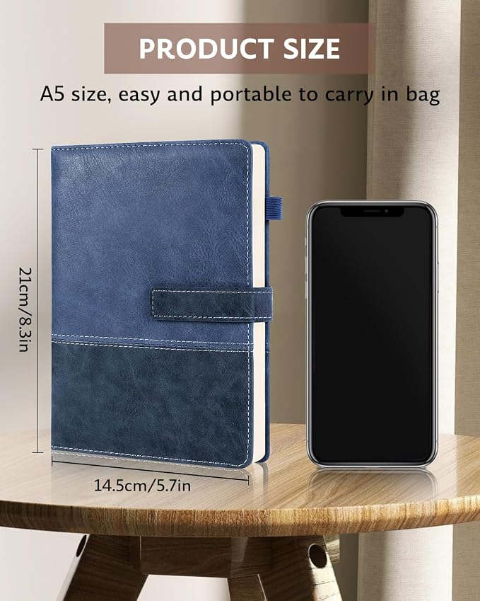Leather Notebook Journal with Pen, A5 Lined Hardcover Notebook with Magnetic Closure, 240 Pages Daily Journal for Men Women, Ruled Journals Notebooks for Work, Writing, Note Taking - Blue