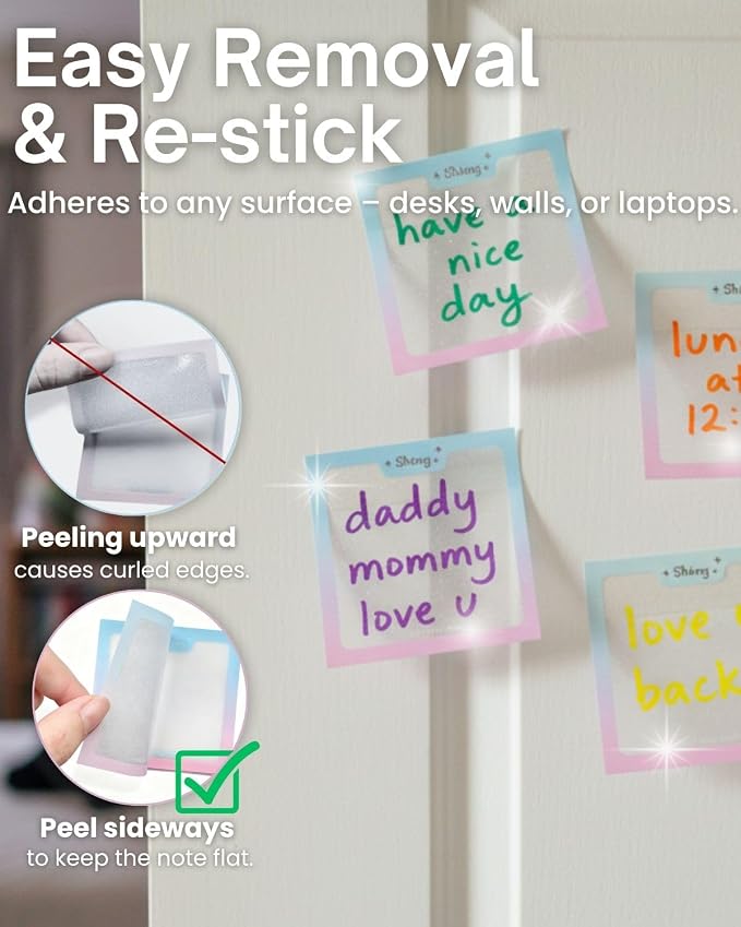 200pcs Glitter Sticky Notes, Transparent Sticky Notes with Pink Blue Iridescent Edge, Cute Self-Adhesive Memo Pads for Office, School & Home Stationery (4 pack-50pcs/1pack)