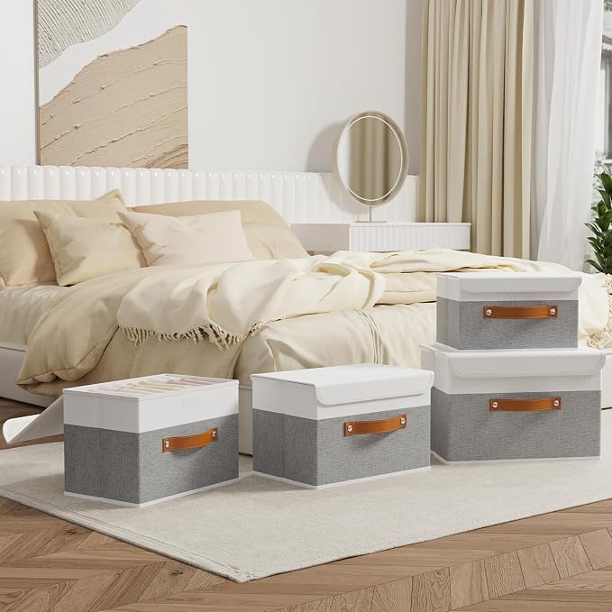 OUTBROS Fabric Storage Box with Lid, 13x9.1x7.9 inch (White/Grey, 3-Pack) | Collapsible Wardrobe Organiser, Linen Cubes For Towels, Clothes