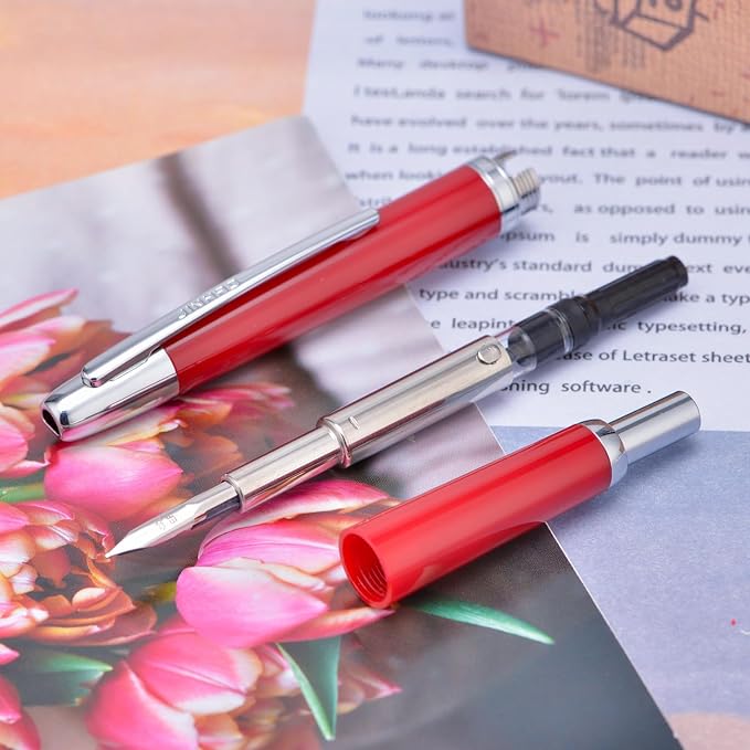 Jinhao 20 Press Retractable Fountain Pen Medium Nib with Converter Resin Writing Gift Pen, Wine Red
