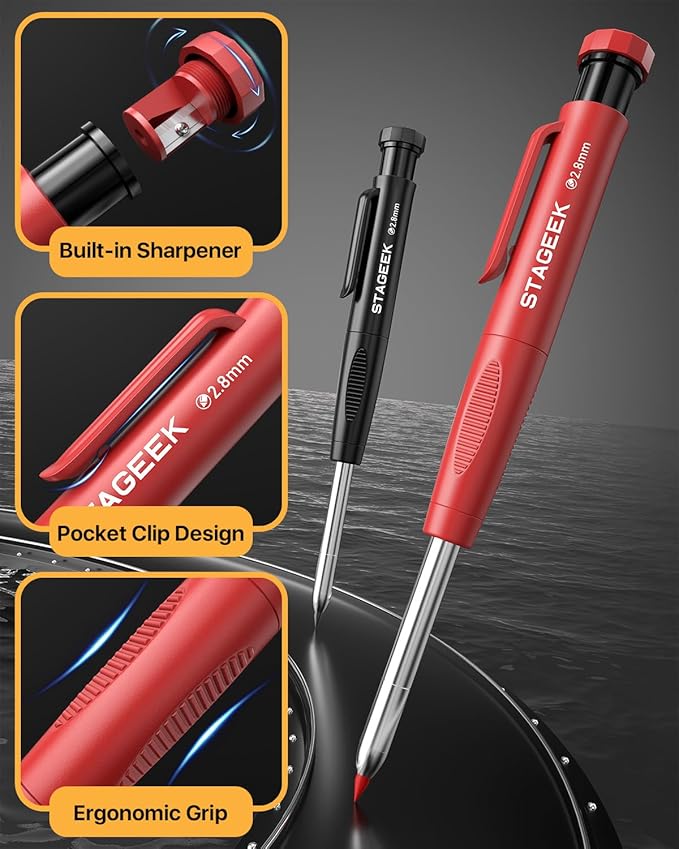STAGEEK 2.8mm Carpenter Pencils with Sharpener, 2-Pack, Storage Case | 26 Refills, Deep Hole Long Nib Marker, Waterproof Heavy Duty Woodworking Tools for Architect Construction Electricians