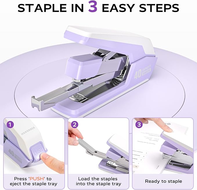 MARSROCK Effortless Stapler for Desk with 40-50 Sheet Capacity, 2000 Staples, 1-Touch Stapling, Ergonomic & Easy to Load Desktop Staplers, Heavy Duty Stapler, and Magnetic Staple Remover, Purple