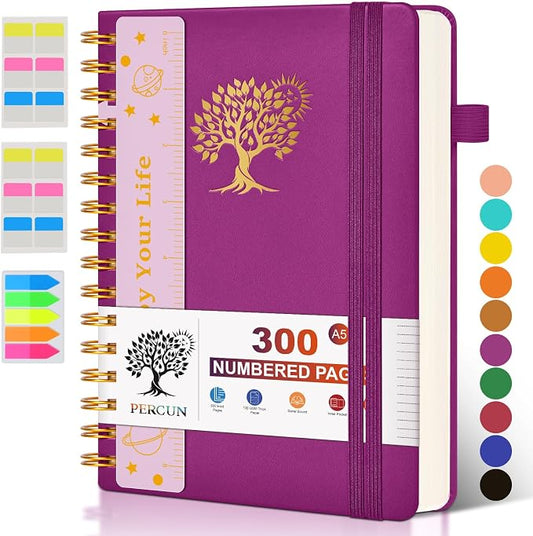 PERCUN Spiral Notebook 300 Numbered Lined Pages Hardcover Journal 5.9"x8.5" | College Ruled Spiral Bound Notebook with Tabs, A5 Leather Journal for Women Men, Work, School, Travel, Writing & Note Taking