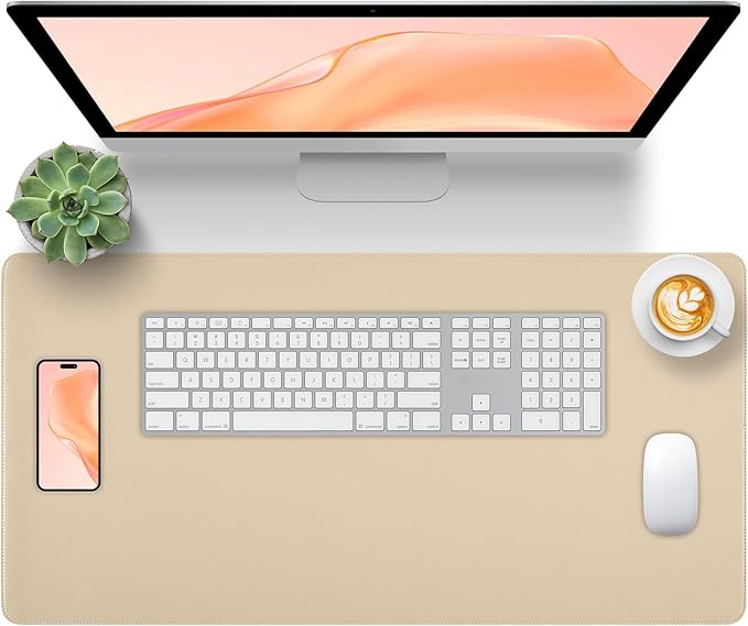 Beige Leather Desk Mat Large Mouse Pad, Waterproof Desk Pad for Keyboard and Mouse, Non-Slip Computer Desk Protector, Smooth Mouse Movement Desk Mat for Home and Office(35.4"×17")