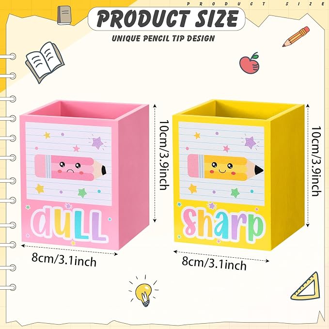 DoubleFill 2 Pcs Box Shaped Holder Sharp Dull Holder Wooden Dispenser Pen Storage with Classic Pencil Shaped Design for Back to School Teachers Classroom Organization Accessories