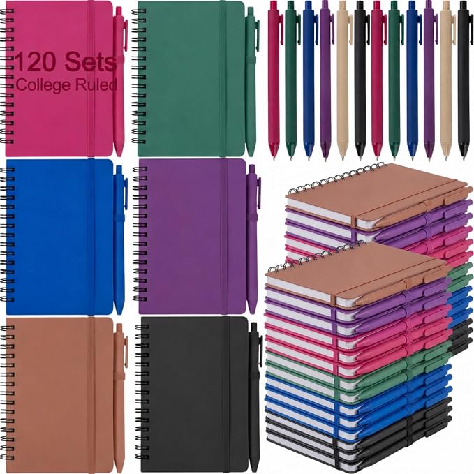 Fulmoon 120 Set Small Spiral Notebooks A6 with Pens Bulk, Multicolor 4" x 6" Pocket Notebooks Mini Lined Journals 50 Sheets for Back to School Supplies Students Rewards Office Gifts (Deep Tones)
