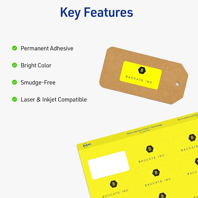 Avery Printable Address Labels, Sure Feed Technology, 1" x 2-5/8", Neon Yellow, Laser & Inkjet Compatible, 750 Blank Labels Total, Great for Branding, Mailing, Organizing, and More (5972)