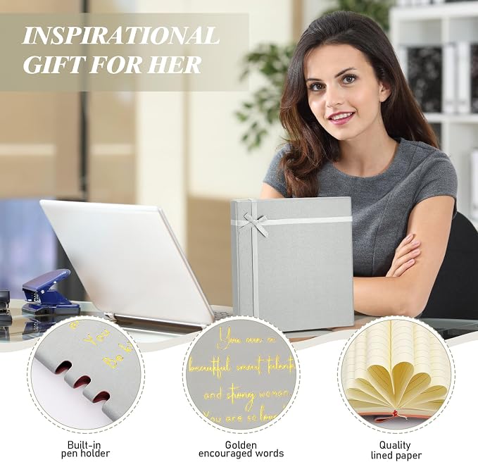 Resurhang 5 Pcs Inspirational Journal for Women Employee Appreciation Gift A6 Leather Journal Glitter Ballpoint Pen with Box for Back to School Teacher Coworker Female Secretary Nurse(Gray)
