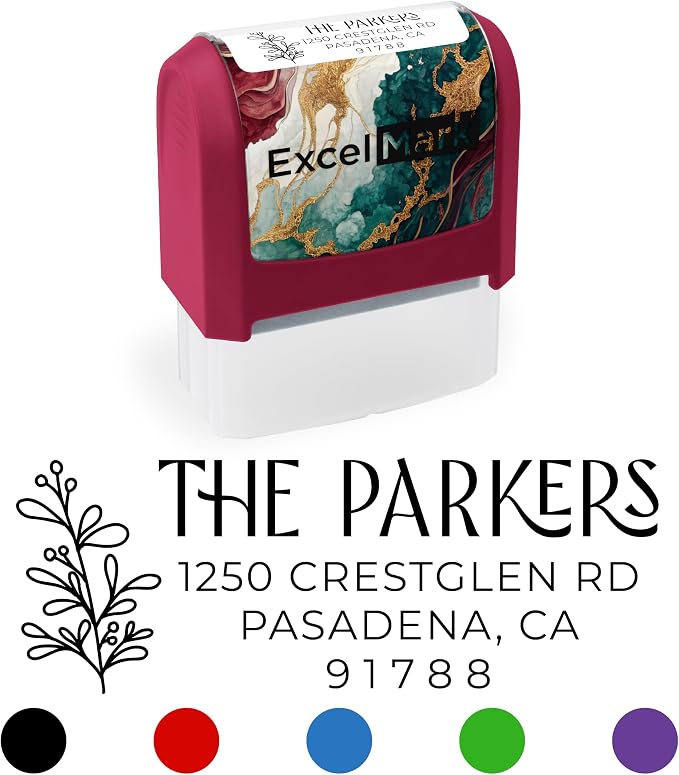 ExcelMark Custom Return Address Stamp (Maroon, Foliage Edge) | Custom Return Address Stamp with Elegant Designs, Vibrant Colors & Patterns – Perfect for Mail, Invitations & Gifts