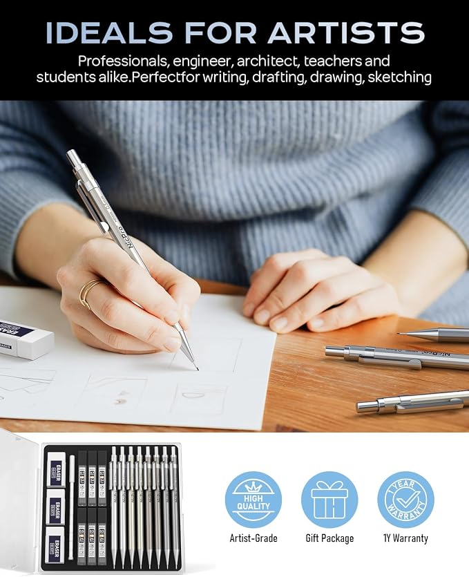 Nicpro 8 Pack 0.5mm & 0.7mm Metal Mechanical Pencil Set, MB1000 | Lead Drafting Pencil for Artist Writing, Sketching, Drawing with 6 Tubes HB Refills, 3×4B Eraser, 9×Cap Eraser - With Case