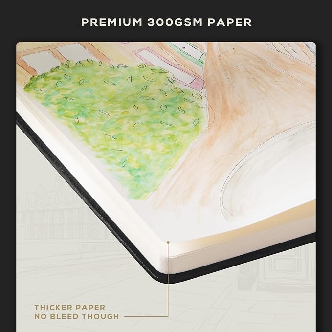 Beechmore Books 300 GSM Heavyweight Mixed Media Sketchbook A5 5.8" x 8.3" Vegan Leather Hardcover Professional Art Journal for Paintings, Gouache and Ink