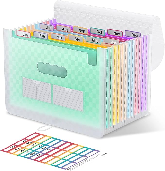ThinkTex Accordion File Organizer, 12 - Pocket Expanding File Folders | for Receipts, Bills & Taxes Organizer, Letter/A4 Size Document Holder for School, Office, Home with Colorful tabs- Green