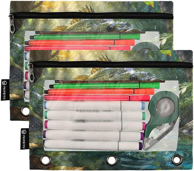 Largemouth Bass Fish Pencil Pouches for 3 Ring Binder, Zipper Binder Pencil Case, 2 Pack Clear Window Case Bag for Office Organizers