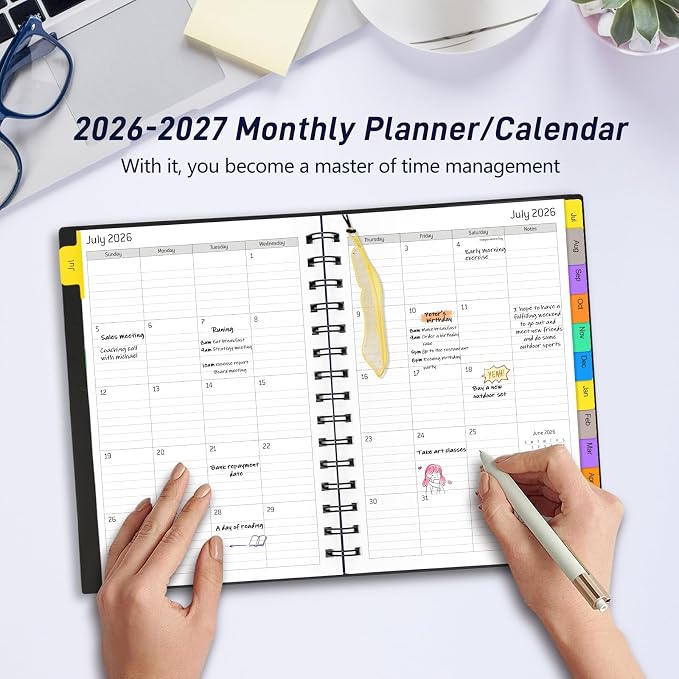 Daily Planner 2026-2027, 18-Month Weekly and Monthly Calendar Planner, July 2026-December 2027, Planning Agenda Book with Laminated Tabs, Flexible Cover, 100GSM Thick Paper, A5 Size,Black