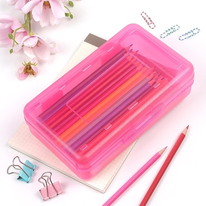 Tamaki 1 Pack Plastic Pencil Box Large Capacity, Pink | Clear Boxes with Snap-tight Lid Stackable Design and Stylish Office Supplies Storage Organizer