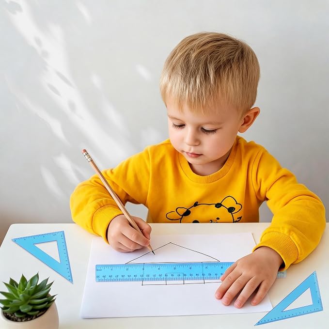 Plastic Clear Ruler Math Set - 6'' 12'' Transparent Straight Ruler, 4'' 6'' Protractor, 30/60 & 45/90 Triangle Ruler,Geometry Math Measuring Tool for School Office Drawing Teachers Kids Supplies Blue