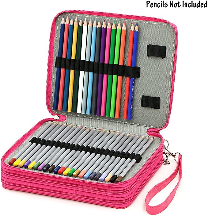BTSKY Deluxe PU Leather Pencil Case For Colored Pencils - 120 Slot Pencil Holder with Handle Strap Handy Colored Pencil Box Large (Rose Red)