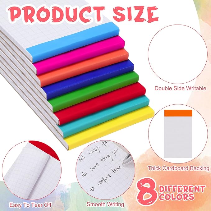 16 Pcs 3'' x 5'' Graph Paper Pads Quad Ruled Grid Mini Notepads, Perforated Assorted Color Tops, 50 Sheets Per Memo Pad, 80Gsm Paper Pads Small Pocket Graph Notebook for Students, Office, Math, Notes