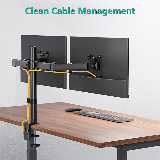 WALI Articulating Dual Monitor Stand for 13-27 inch Screens, 22 lbs per Arm | 2 Monitor Desk Mount, Full Motion with Tilt, Swivel, Rotation, C-Clamp & Grommet Base, VESA 75/100mm (M002), Black