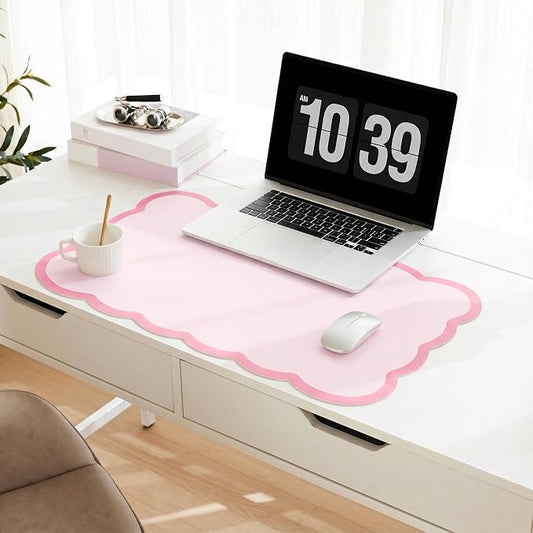 Scalloped Desk Mat, 23.6" x 11.8" Cute Small Aesthetic Desk Accessories, PU Leather Computer Laptop Desk Mouse Keyboard Pad, Desk Writing Mat for Vanity/Work/Home Decor Pink