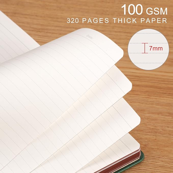 AHGXG Thick Lined Notebook, 320 Numbered Pages, A5 (5.75'' X 8.38'') | College Ruled Journal, Vintage Leather Hardcover, 100gsm Paper, for Men Women Work Office School (Dark green)