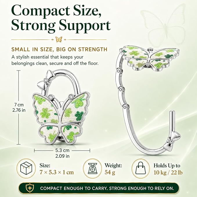 Purse Hook for Table, Foldable Handbag Hanger for Women, Portable Bag Holder with Non-Slip Base, Cute Bling Clover Butterfly Purse Table Hook for Restaurant Office Travel Gift