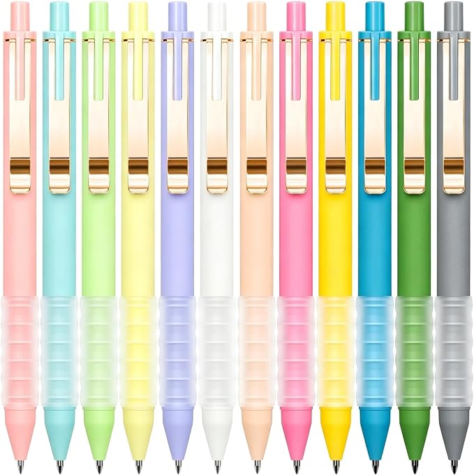 Drawdart Cute Gel Pens, 0.7mm Black Ink, Smooth Writing, Soft Grip, 12 Pack | Retractable Pens with Metal Clip, Ergonomic Silicone Grip, for Journaling Note Taking School Office Supplies