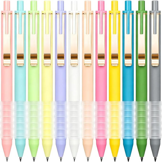 Drawdart Cute Gel Pens, 0.7mm Black Ink, Smooth Writing, Soft Grip, 12 Pack | Retractable Pens with Metal Clip, Ergonomic Silicone Grip, for Journaling Note Taking School Office Supplies