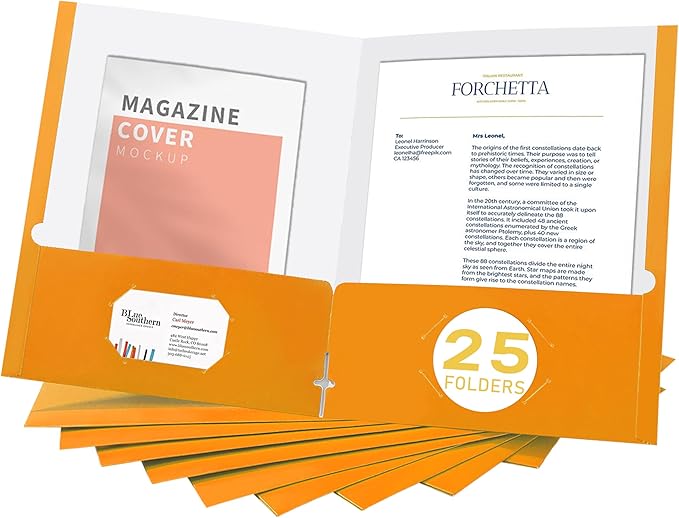 Zzrywuty File folders with Pockets,Orange Two folders for documents,25 Pack Paper Folders with Card Slot,Letter Size,School Students,Business,Home and Office Workers