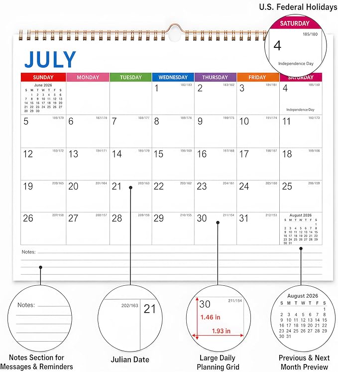 Wall Calendar 2026-2027, 18 Months Academic Calendar, July. 2026 - Dec 2027, 14'' × 11'', Monthly Wall Hanging Calendar with Thick Paper for Office Home Minimalist