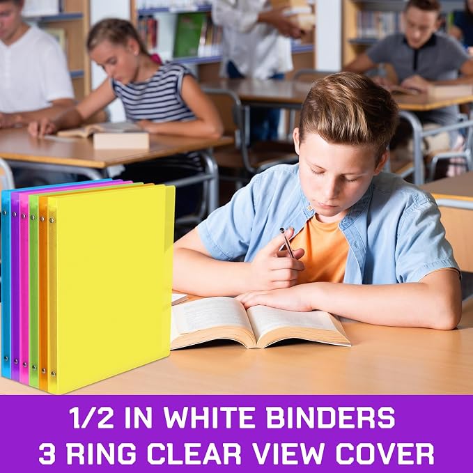Fulmoon 6 Pack Plastic 3 Ring Binder Assorted Colors Economy Flexible Round Ring Presentation Binders with Pocket for Office School Meeting(0.5 Inch,Neon Colors)