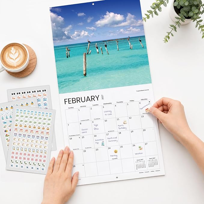 SUNEE Calendar 2026-2027 for Wall, 2027 Large Wall calendar 12x12 Inches with 16 Months from September 2026 to December 2027, Thick Glossy Paper, 12" x 24" (Open), Beaches