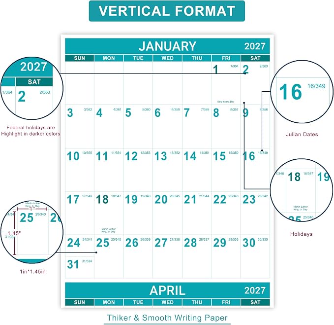 2027 Wall Calendar, 34.3" x 22.8"(open), Jan.2027 - Dec.2027 | Yearly Wall Calendar 2027, 2027 Calendar with Thick Paper, One Page for Organizing, Vertical, Round Stickers - Green